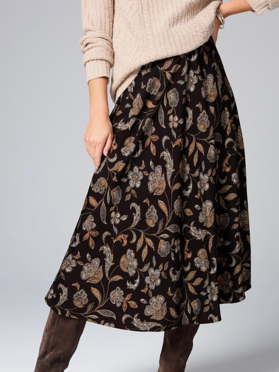 J. Jill Dresses & Skirts - NEW J.Jill Black Floral Paisley Midi Semi Swing Skirt Silk-Like Viscose Academia